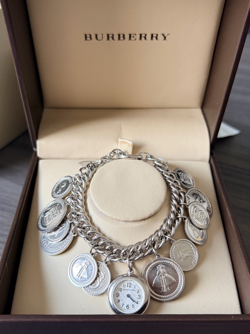 Burberry Sterling Silver Coin Charm Bracelet with Watch Charm